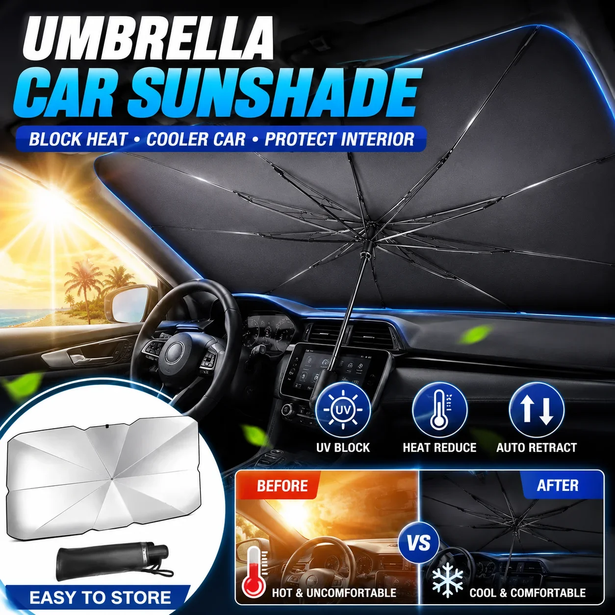Car Sunshade Windshield Umbrella Foldable - Parasol de voiture pliable, pare-soleil pour